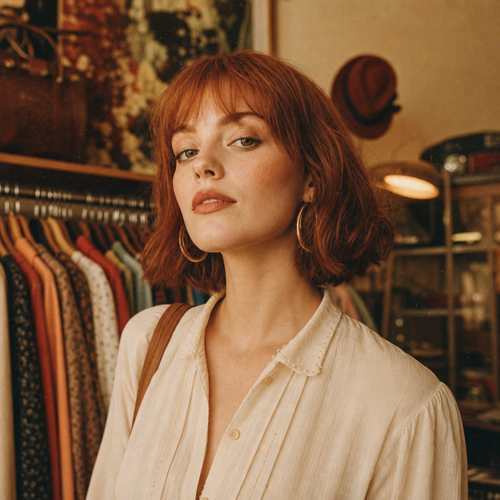 Portrait of a shopper with auburn bob and gold hoop earrings