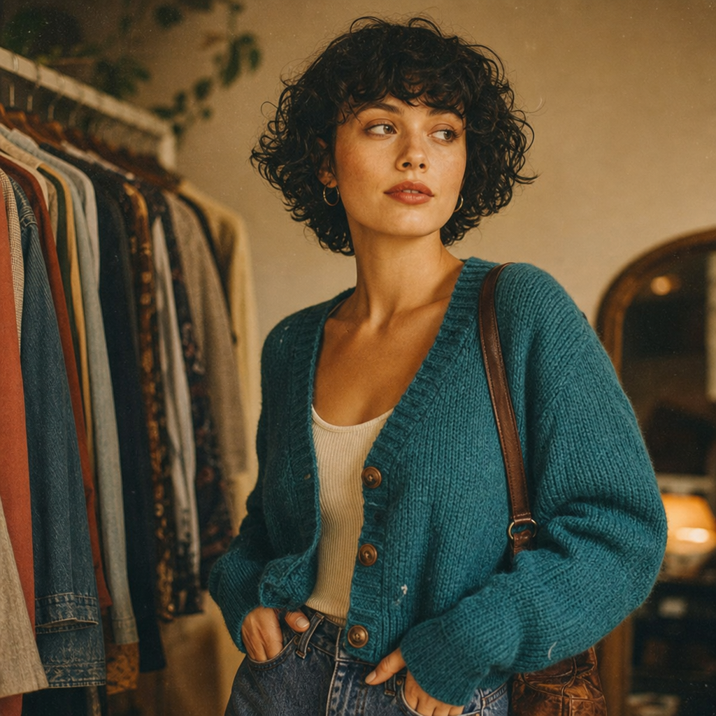 Smiling shopper with short black curls in a teal cardigan