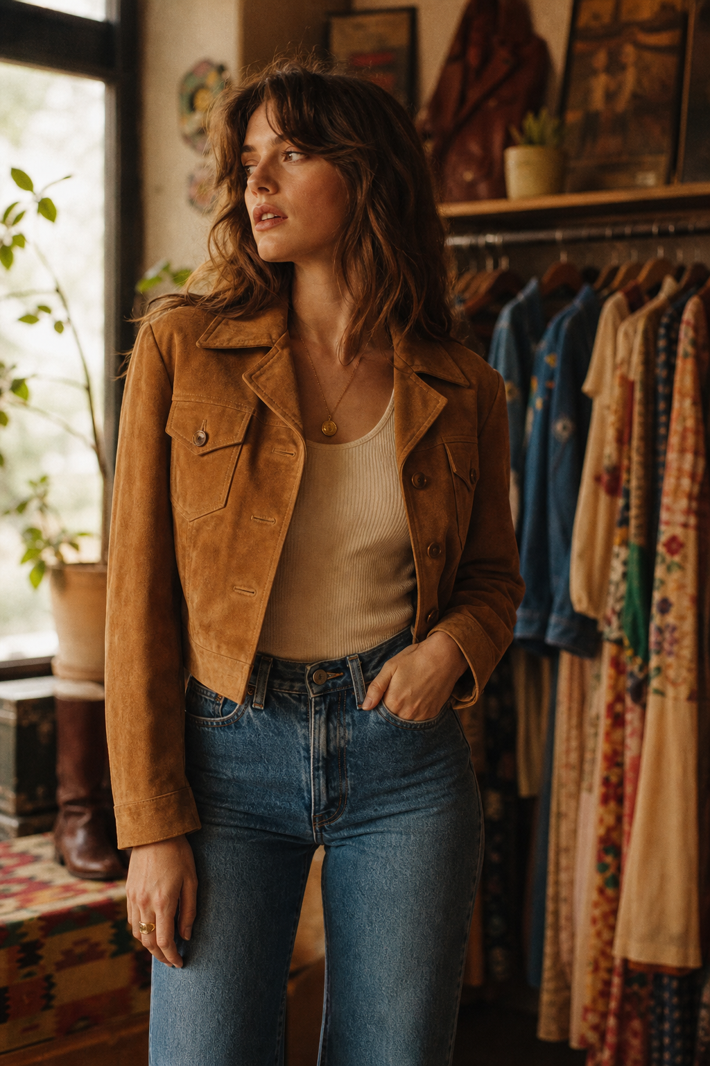 Warm film-style editorial photo of a model in a cropped 70s suede jacket and high-waisted denim, shot in soft window light with nostalgic grain