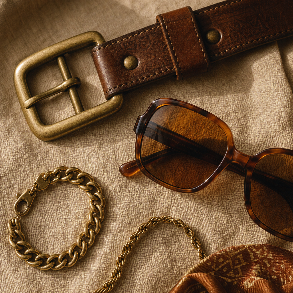 Vintage accessories laid out on linen with brass and leather details