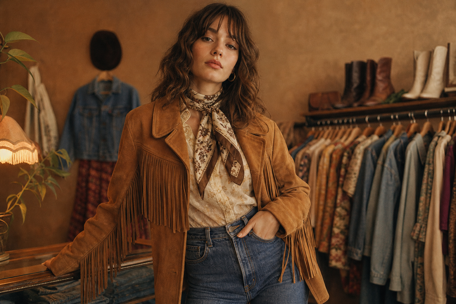 Editorial photo of a model wearing a caramel suede fringe jacket, high-waisted denim, and a silk scarf in warm film lighting