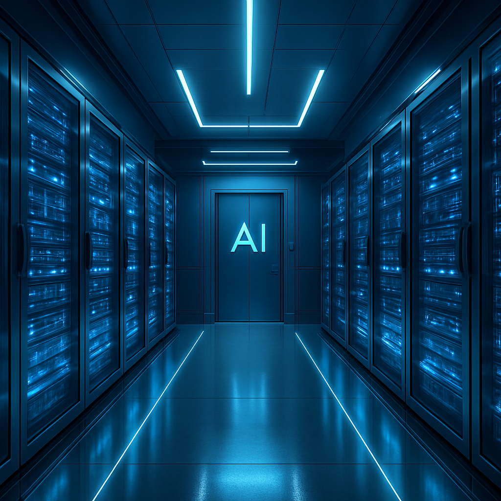 High-tech AI data center with glowing blue servers