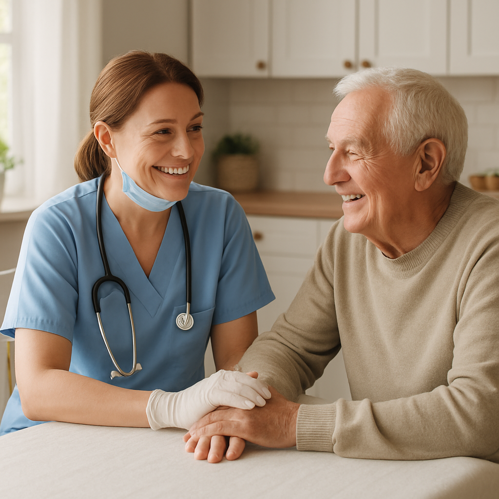 Friendly mobile dental clinician speaking with a smiling senior patient in a bright living room