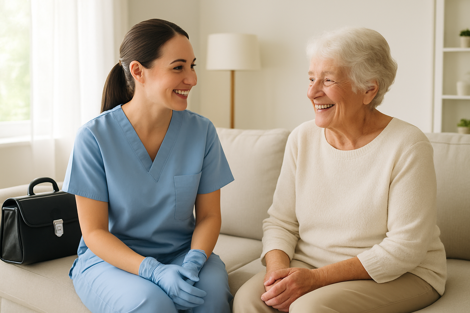 Friendly mobile dental clinician speaking with a smiling senior patient in a bright living room