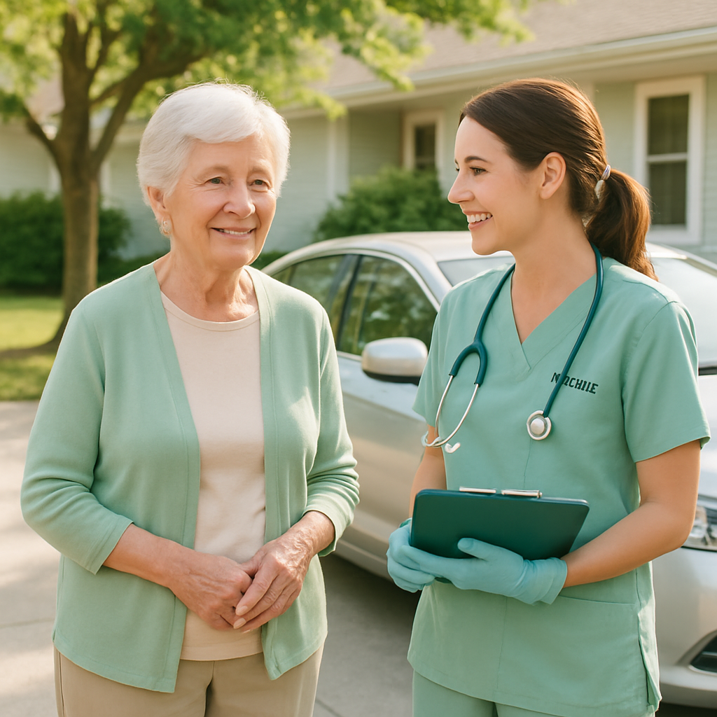 Mobile dental professional providing a gentle in-home dental checkup to an elderly patient in a bright, tidy living room