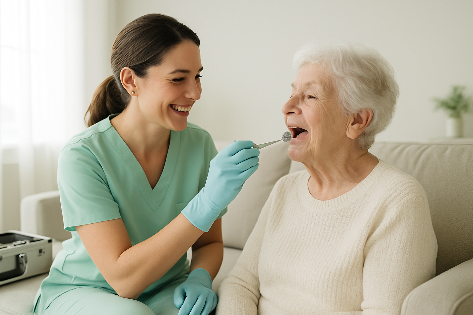 Caring dental hygienist providing a gentle in-home checkup for a senior patient in a bright living room