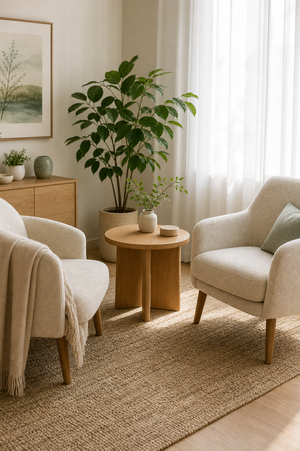 Sunlit therapy office corner with two soft upholstered chairs, a light wood side table, and a leafy plant near sheer curtains