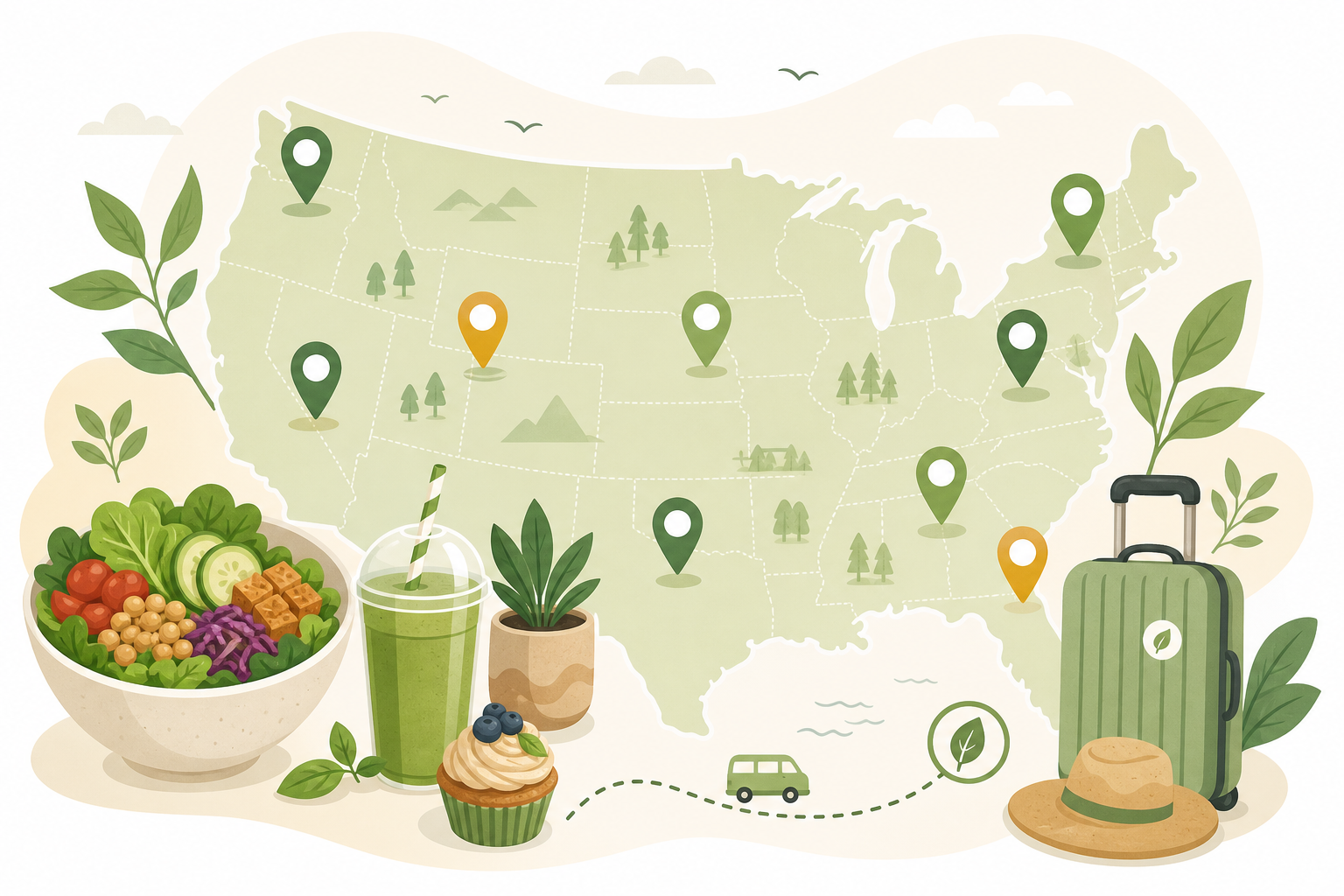 Friendly nationwide vegan discovery illustration with a map-inspired USA outline, plant-based foods, travel pins, and community accents in soft eco-forward vector style