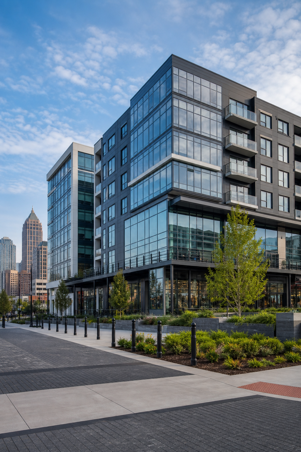 Polished architectural exterior of a mixed-use urban development with glass facades and clean lines