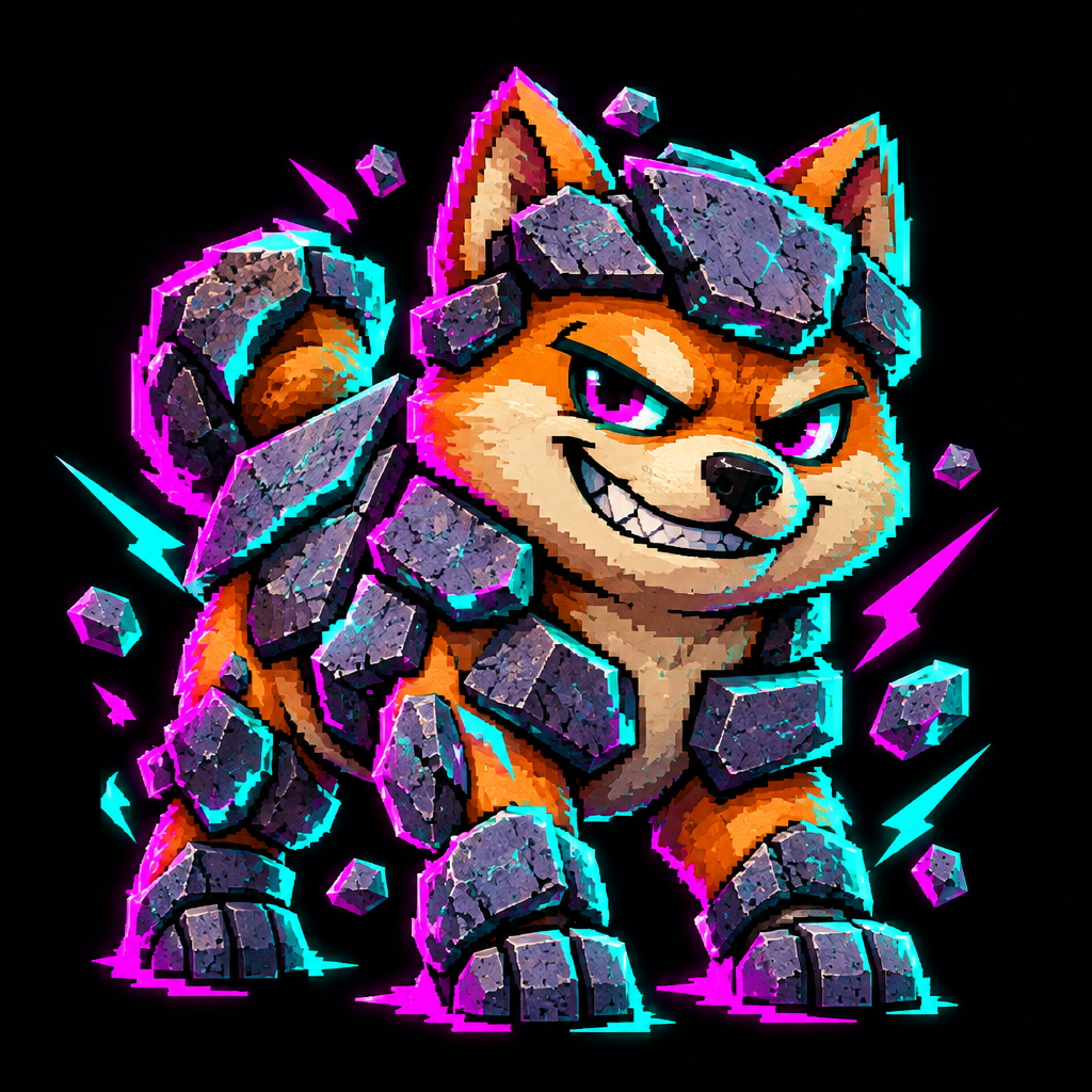 Pixel-chaotic Slab Inu creature with chunky slab-like armor, neon grin, and Solana-styled glow accents