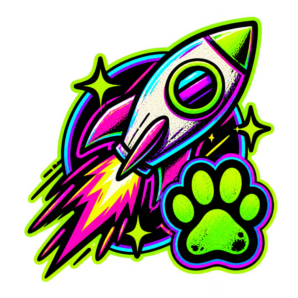 Neon sticker icon with a rocket and paw