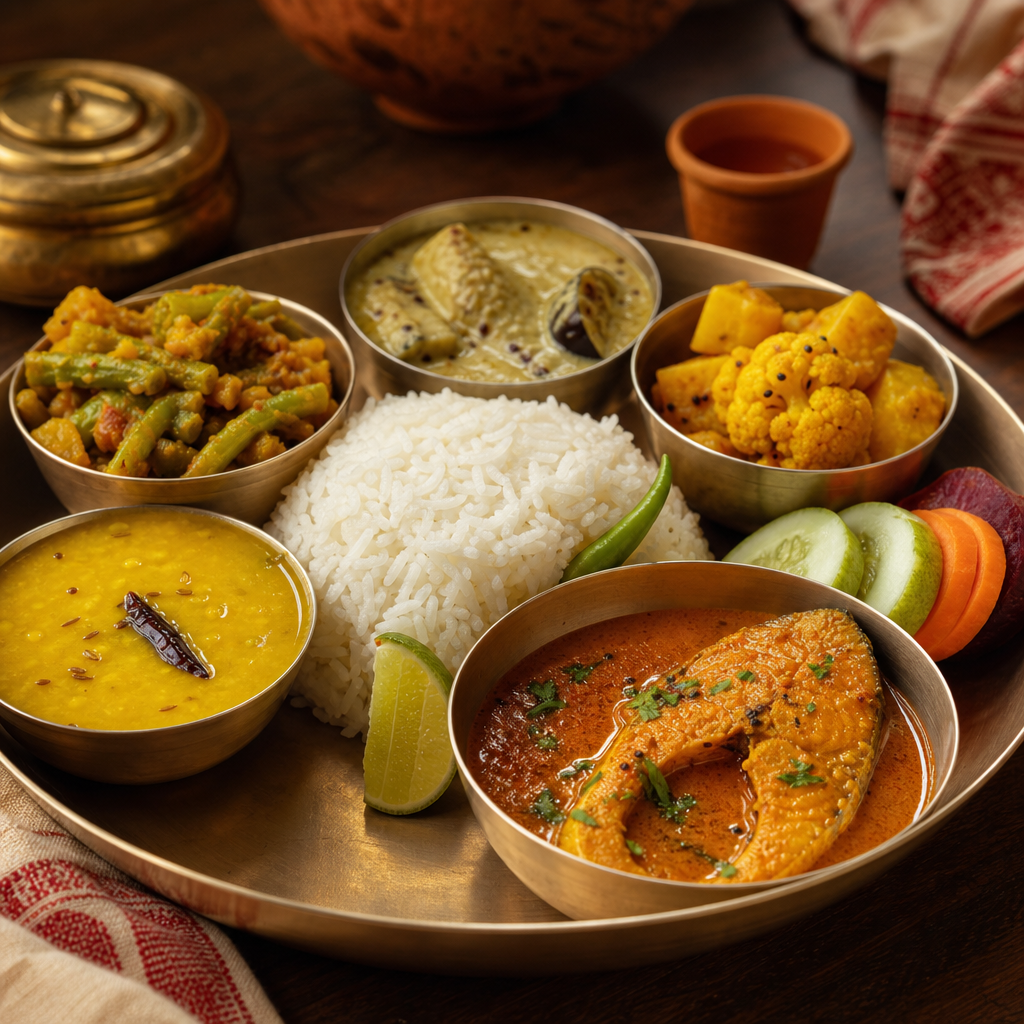 Home-style Bengali thali with rice, dal, shukto, fish curry, and seasonal vegetables