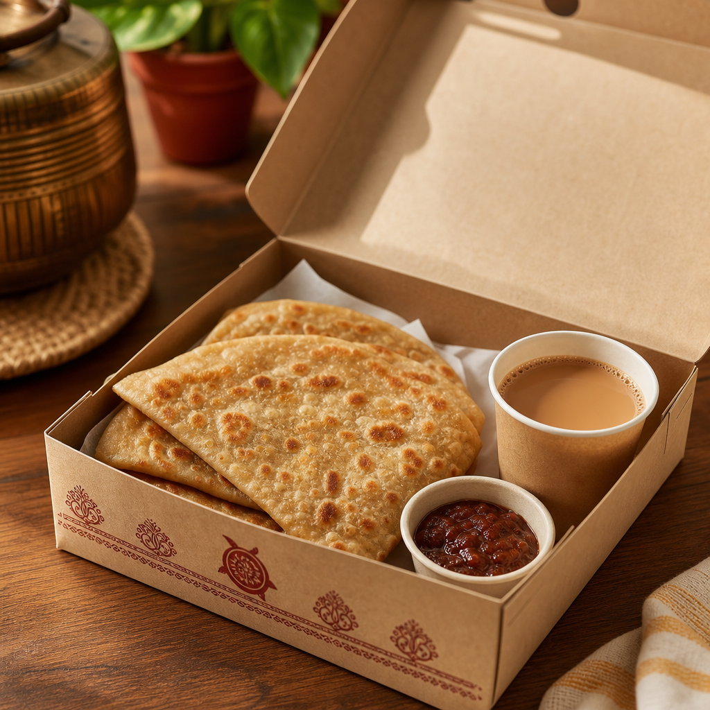 Eco-friendly takeaway breakfast box with wheat paratha, chutney and a small cup of tea on a wooden table