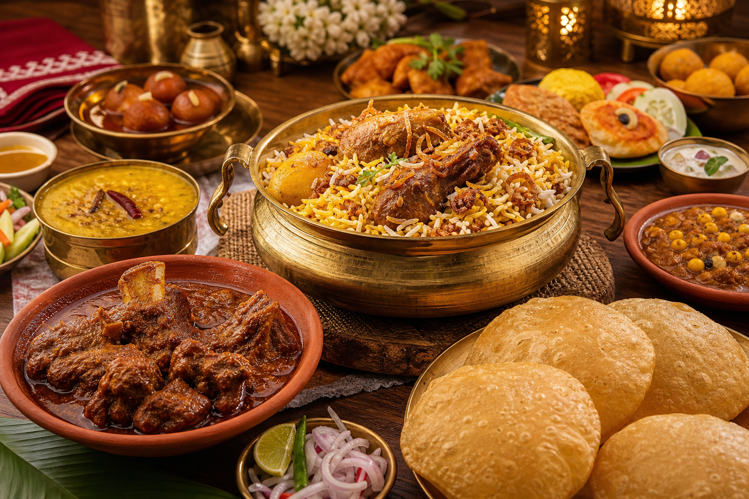 Lavish Bengali catering spread with Kolkata biryani, luchi, kosha mangsho, and festive sides on a warm rustic table