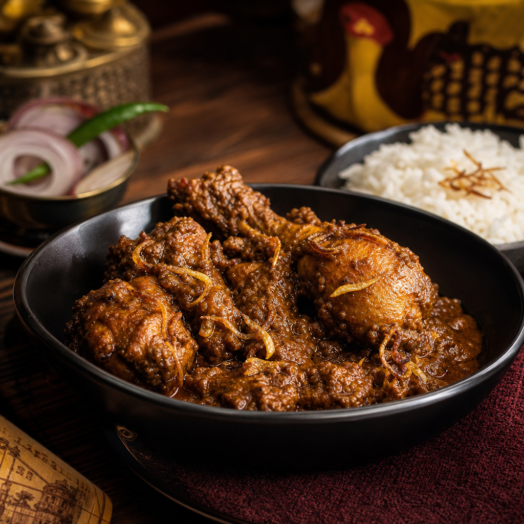Deep brown chicken kosha curry with rich gravy, garnished with fried onions, served in a black bowl with steamed rice on the side.