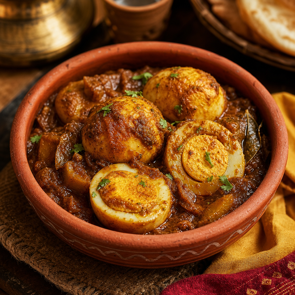 Bengali egg kosha with halved boiled eggs in a thick, spicy gravy, served in a rustic clay bowl.