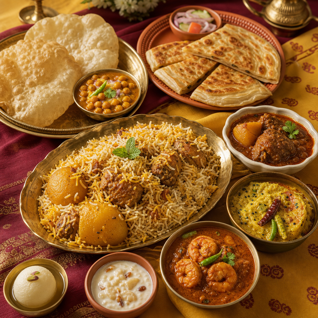 A premium Bengali feast featuring Kolkata biryani, luchi with ghugni, mughlai paratha, and vibrant curries served on brass and ceramic plates