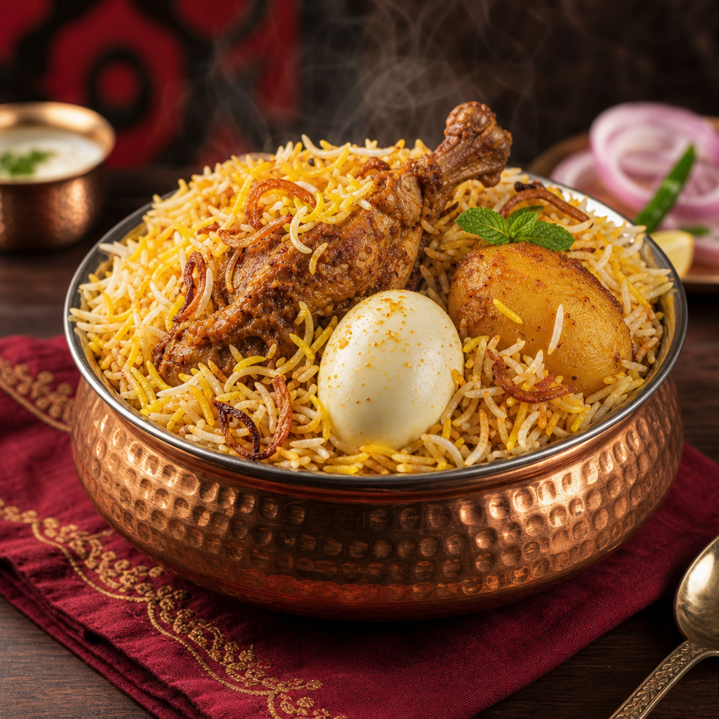 Premium Kolkata biryani served in a copper bowl with potato, egg, and saffron rice