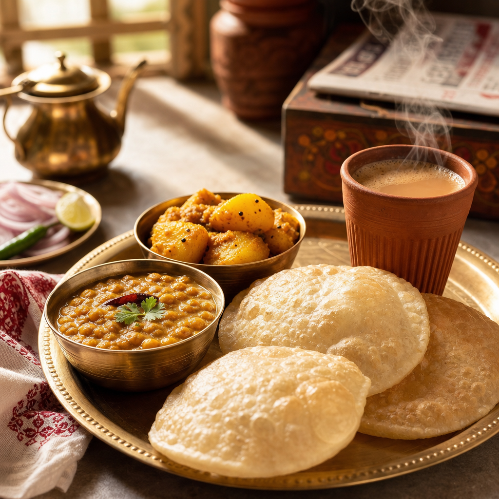 Assorted Kolkata breakfast spread with luchi, cholar dal, and steaming chai on a brass tray