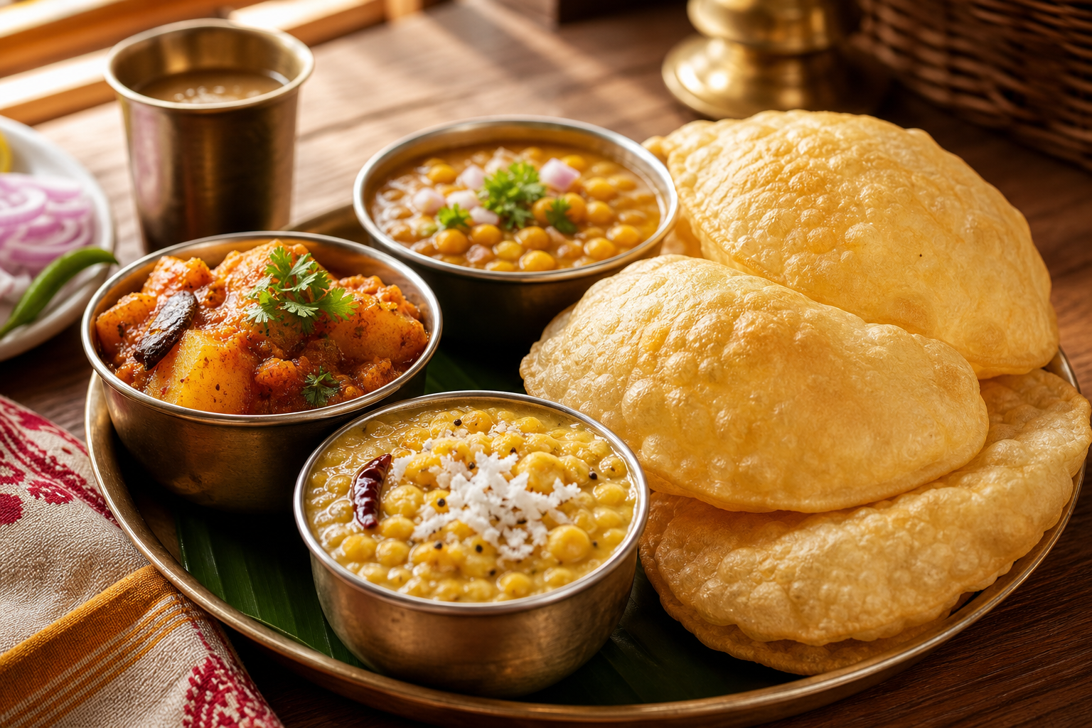 Premium Kolkata breakfast platter with golden luchi, spicy alur dom, cholar dal and ghugni served in traditional steel bowls