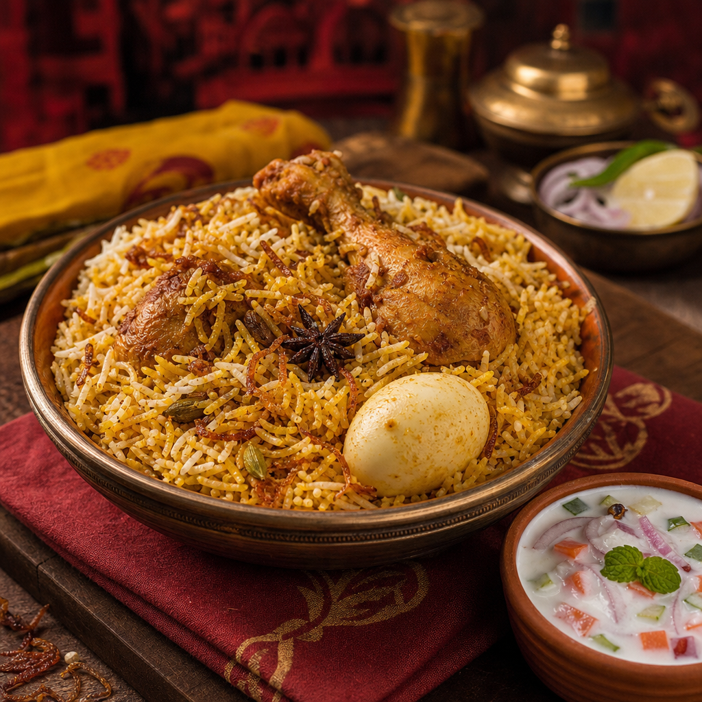 A generous bowl of Kolkata chicken biryani with golden basmati rice, tender chicken pieces, and a signature boiled egg served with raita.