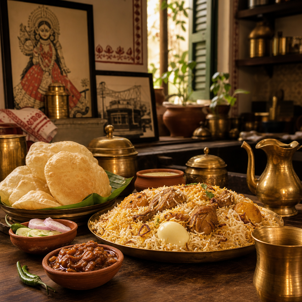 Warm Bengali family kitchen scene with traditional brass utensils, clay bowls, and a platter of Kolkata biryani and luchi