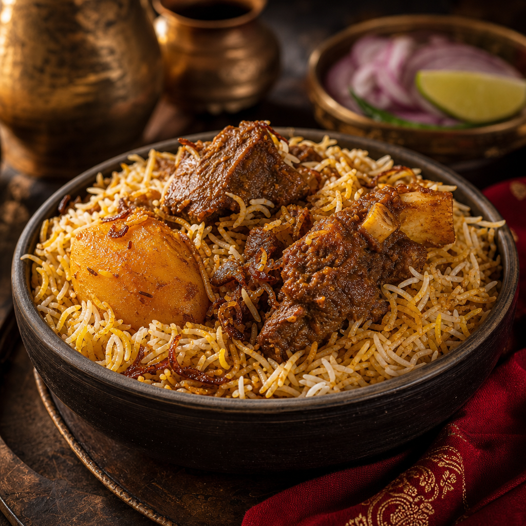 Kolkata-style mutton biryani with fluffy long-grain rice, slow-braised mutton pieces, potato, and caramelized onions in a rustic bowl.