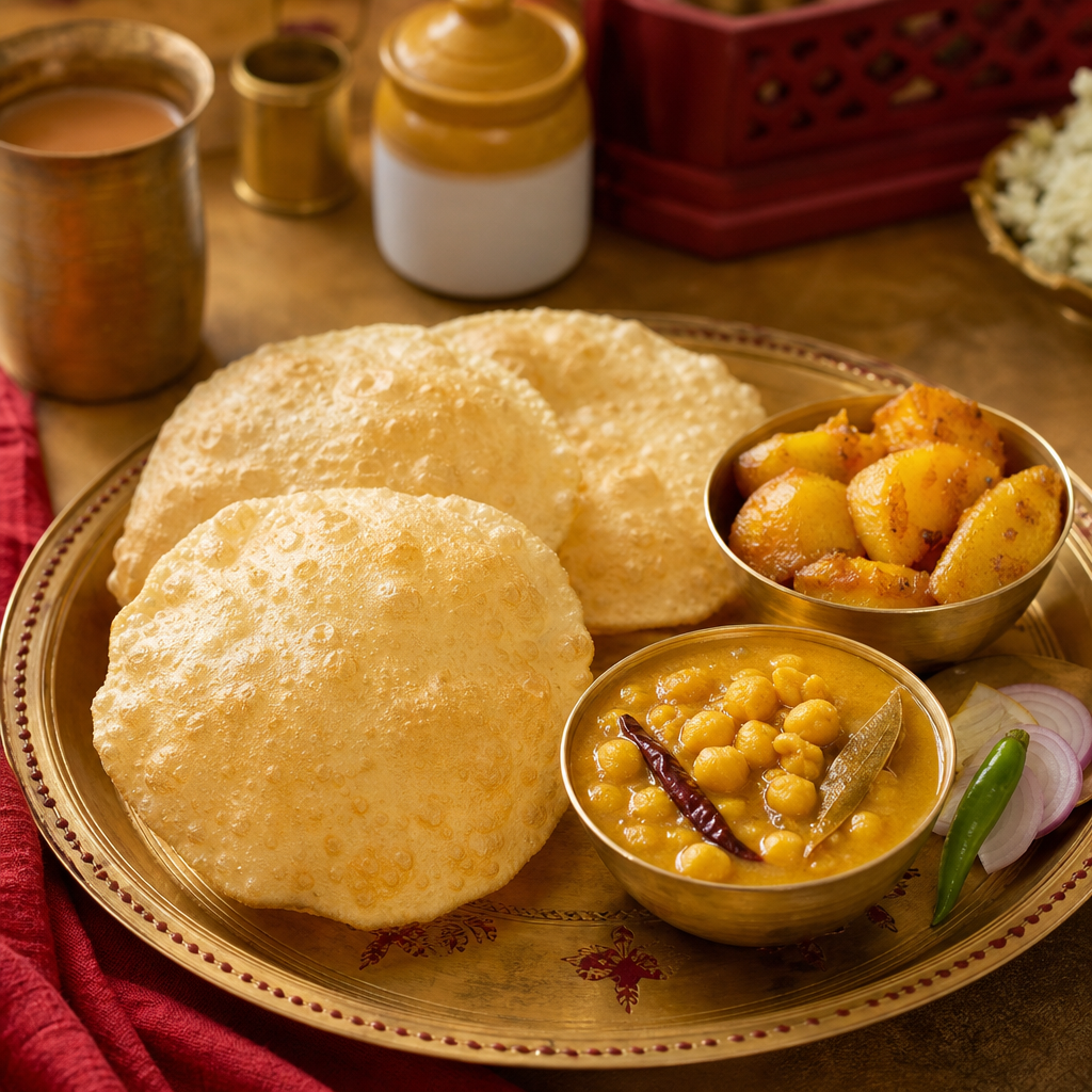 Puffy luchis with a side of cholar dal, aloor dom, and a small bowl of salad arranged on a traditional Bengali plate.
