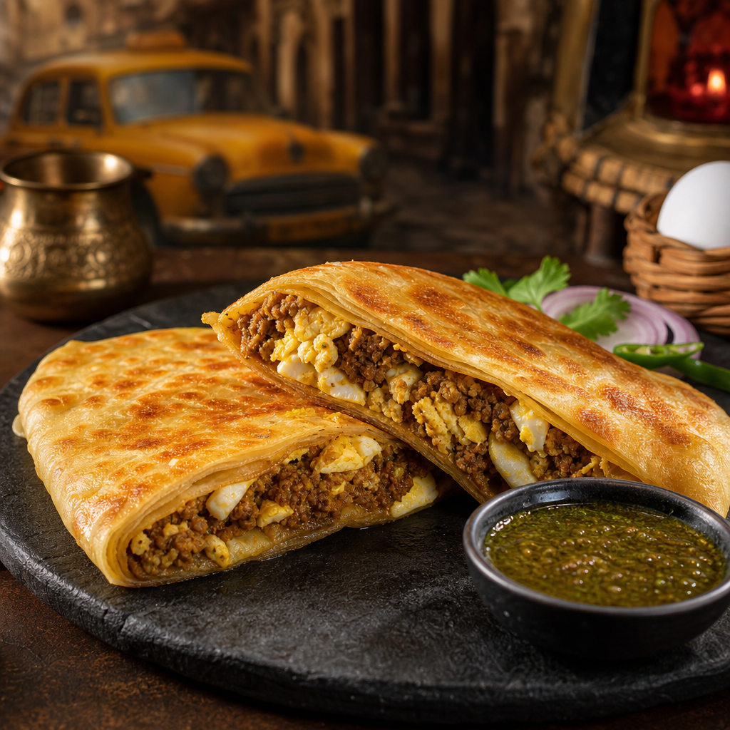 Golden mughlai paratha cut open with egg and minced meat filling, served with chutney