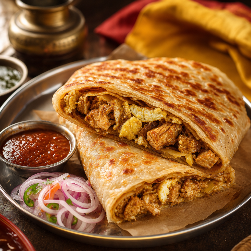 Crisp golden mughlai paratha sliced open to reveal spicy chicken and egg filling, served with tangy chutney and onion salad.