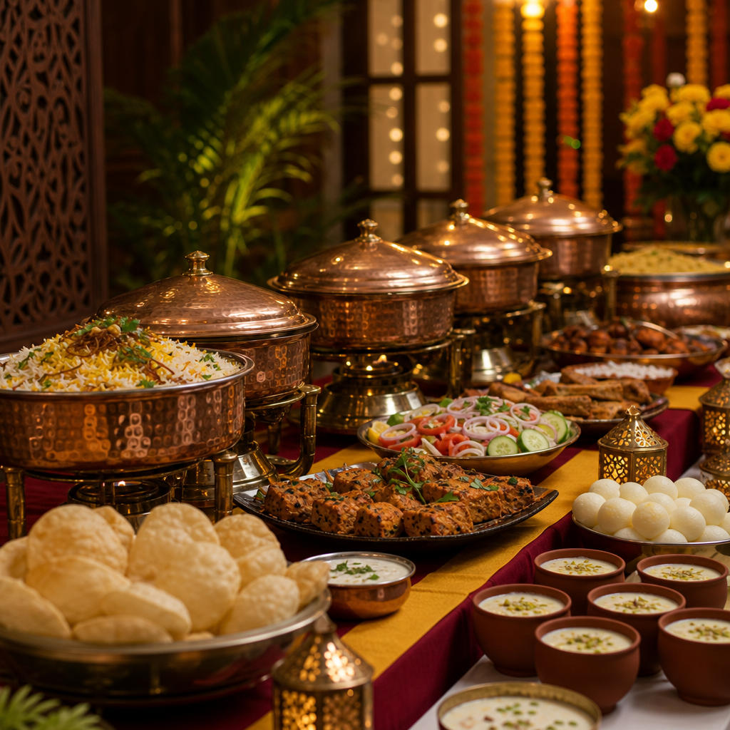 Elegant Kolkata catering spread with chafing dishes, biryani, kebabs, and desserts