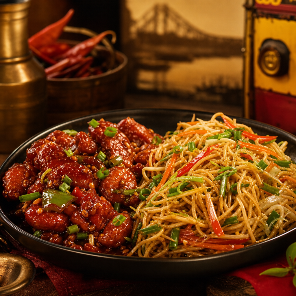 Tangra-style chilli chicken with noodles, glossy sauce, and spring onions on a dark plate