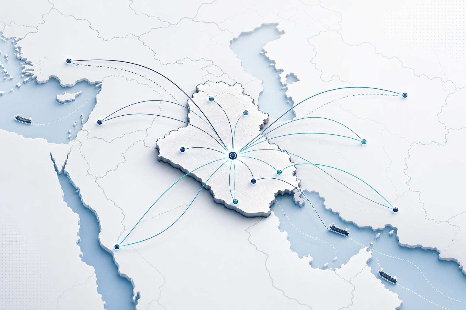 Contained stylized Iraq and regional distribution route illustration with elegant line paths, connected nodes, and premium corporate map composition