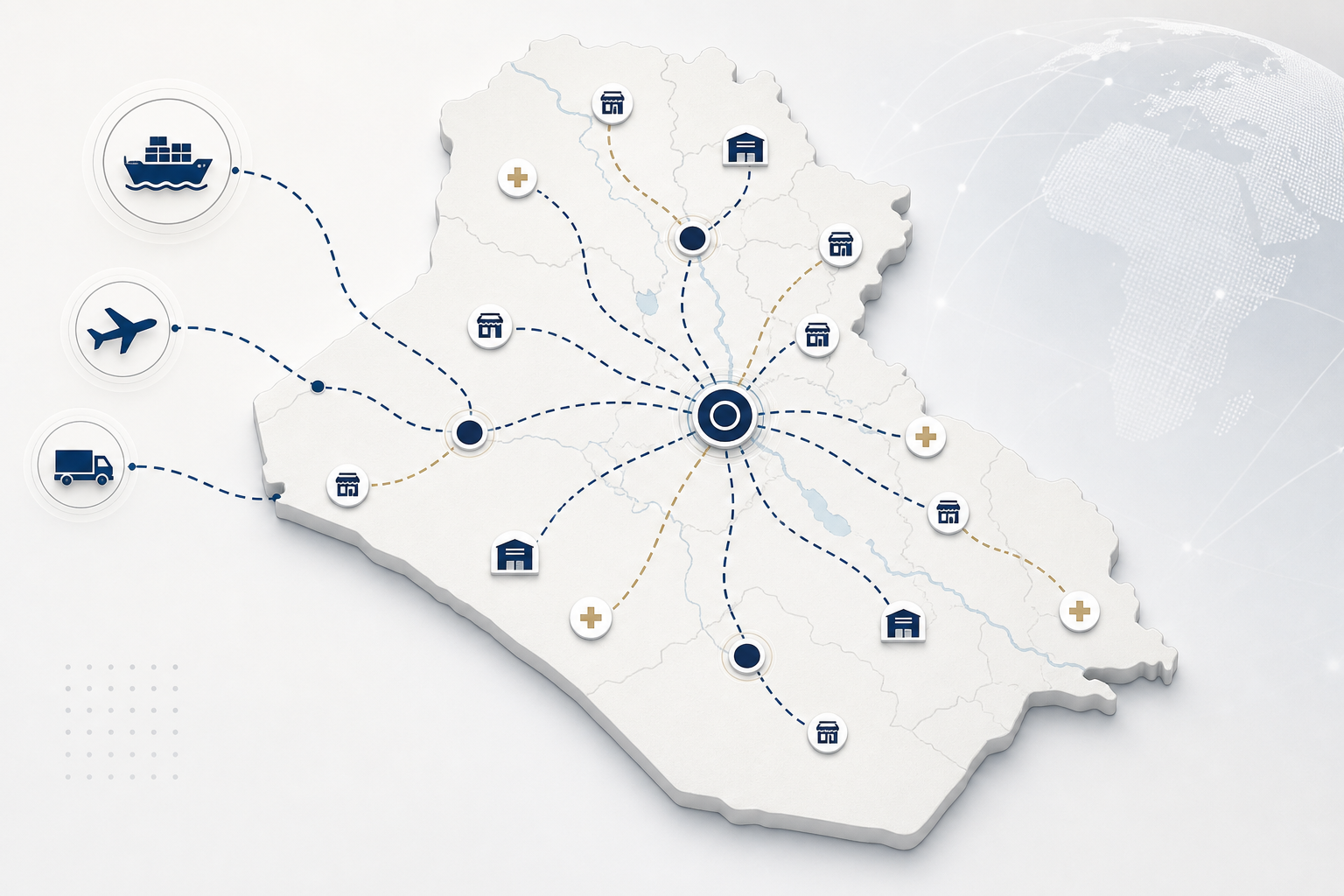 Stylized route-map network of Iraq showing import gateways, Baghdad central hub, and connected pharmacy and retail distribution routes