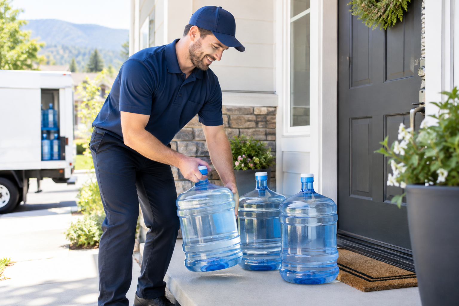 Friendly local delivery driver placing bottled water jugs at a clean home entry in sunny Northern California
