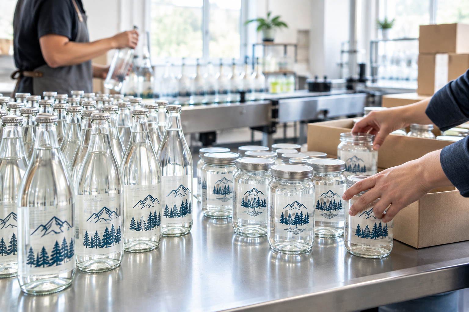 Realistic production photo of custom printed glass bottles and jars on a clean packaging line, with crisp logos and inks visible under bright natural-looking workshop light