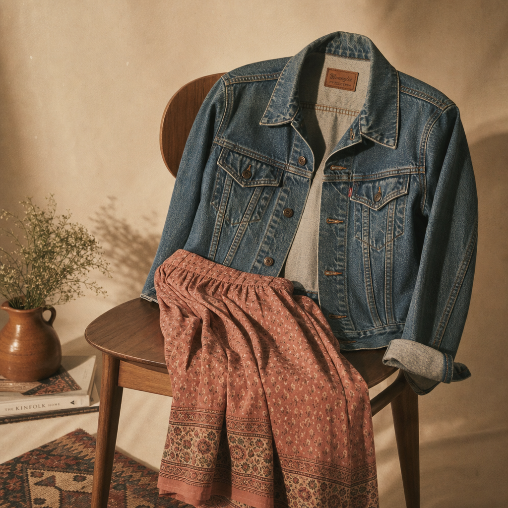 Two-piece outfit featuring a faded blue denim jacket and a dusty rose printed skirt laid on a vintage chair