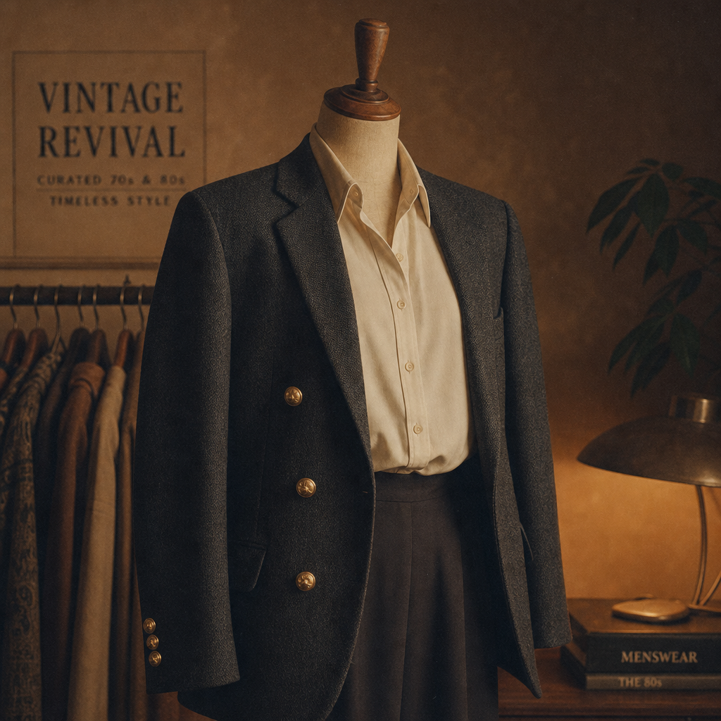 Vintage charcoal blazer with gold buttons draped over a cream dress shirt on a wooden mannequin