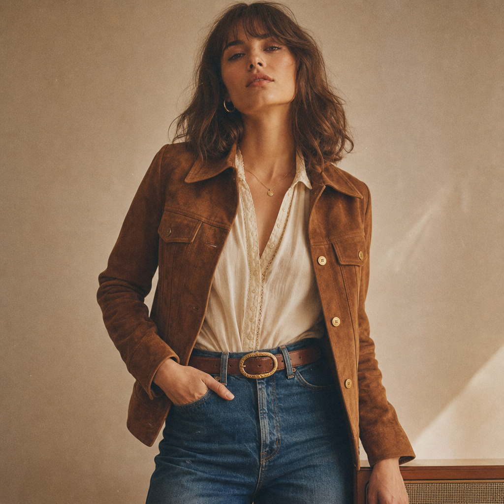 70s-inspired editorial look featuring a warm brown suede jacket and high-waisted denim