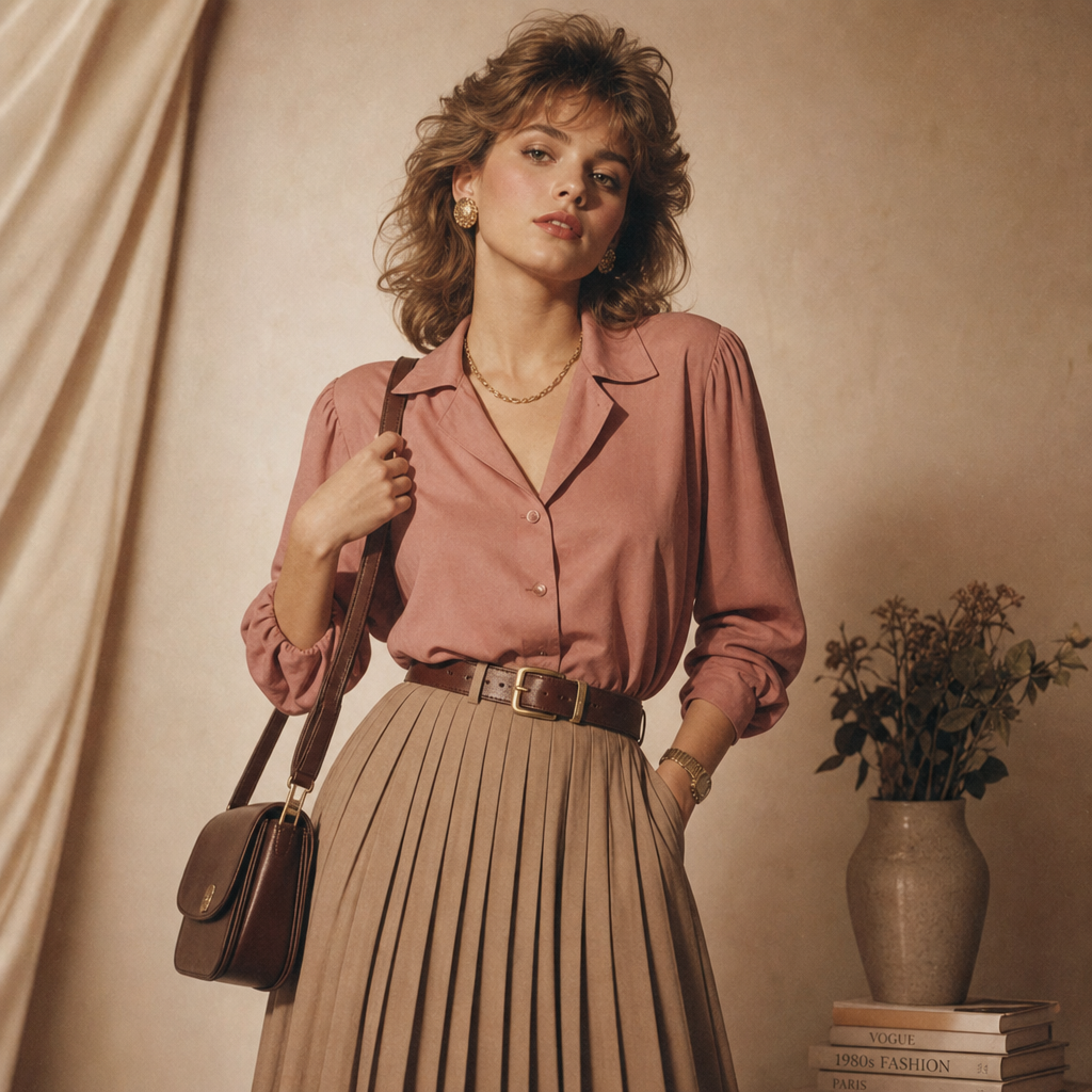80s-inspired editorial look with a dusty rose blouse and pleated skirt