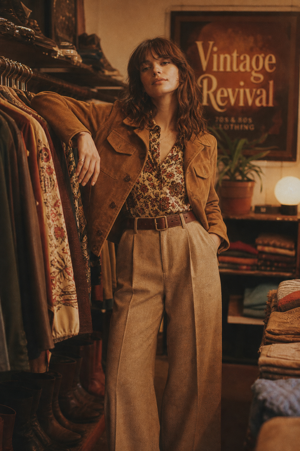 Warm film-style portrait of a model wearing a caramel suede jacket and wide-leg trousers in a softly lit boutique