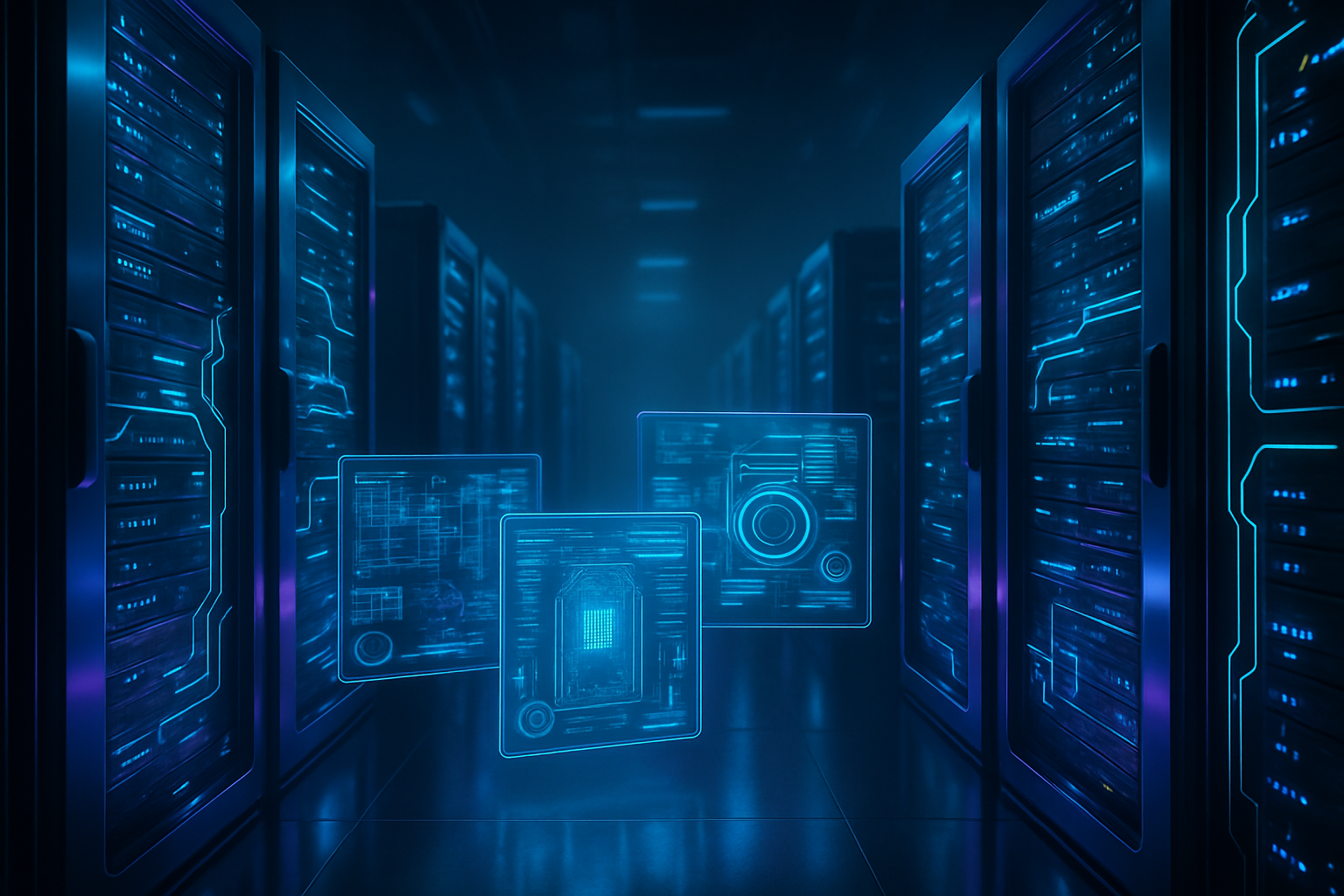 Futuristic server room with glowing circuit lines and holographic interfaces