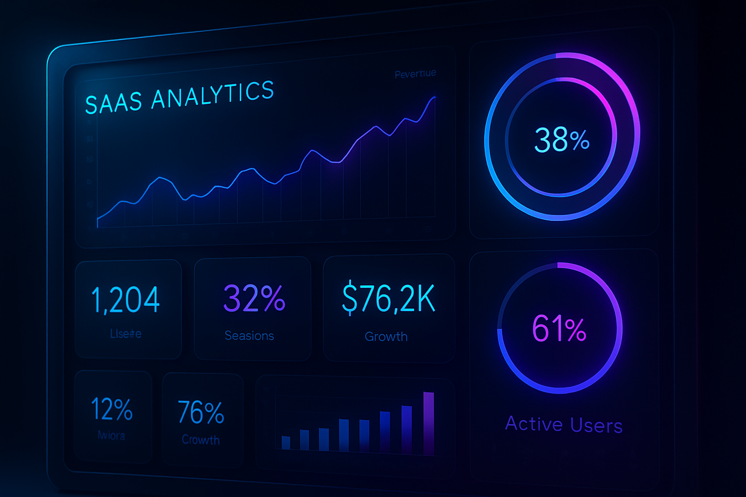 SaaS analytics dashboard with neon data visualizations