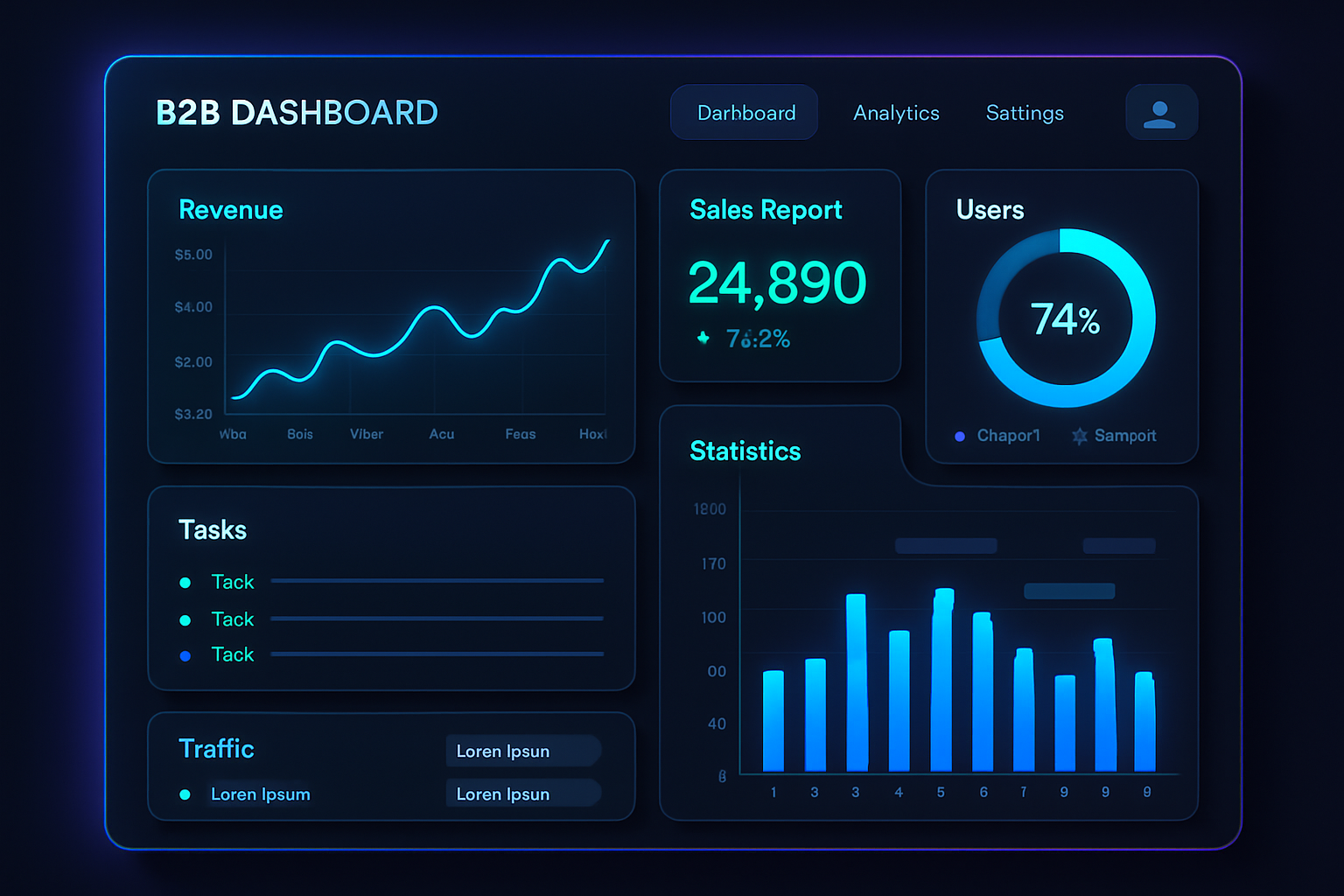 Modern web platform dashboard with glowing graphs