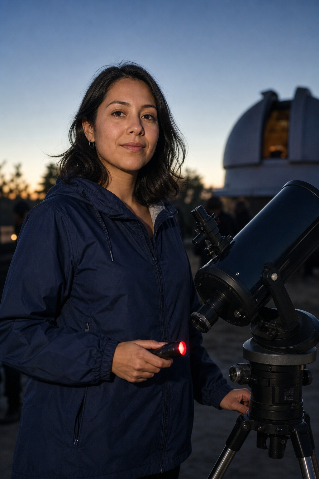 Lina Ortiz, a volunteer observation lead in a dark navy jacket, holding a red-filtered flashlight beside a telescope at dusk