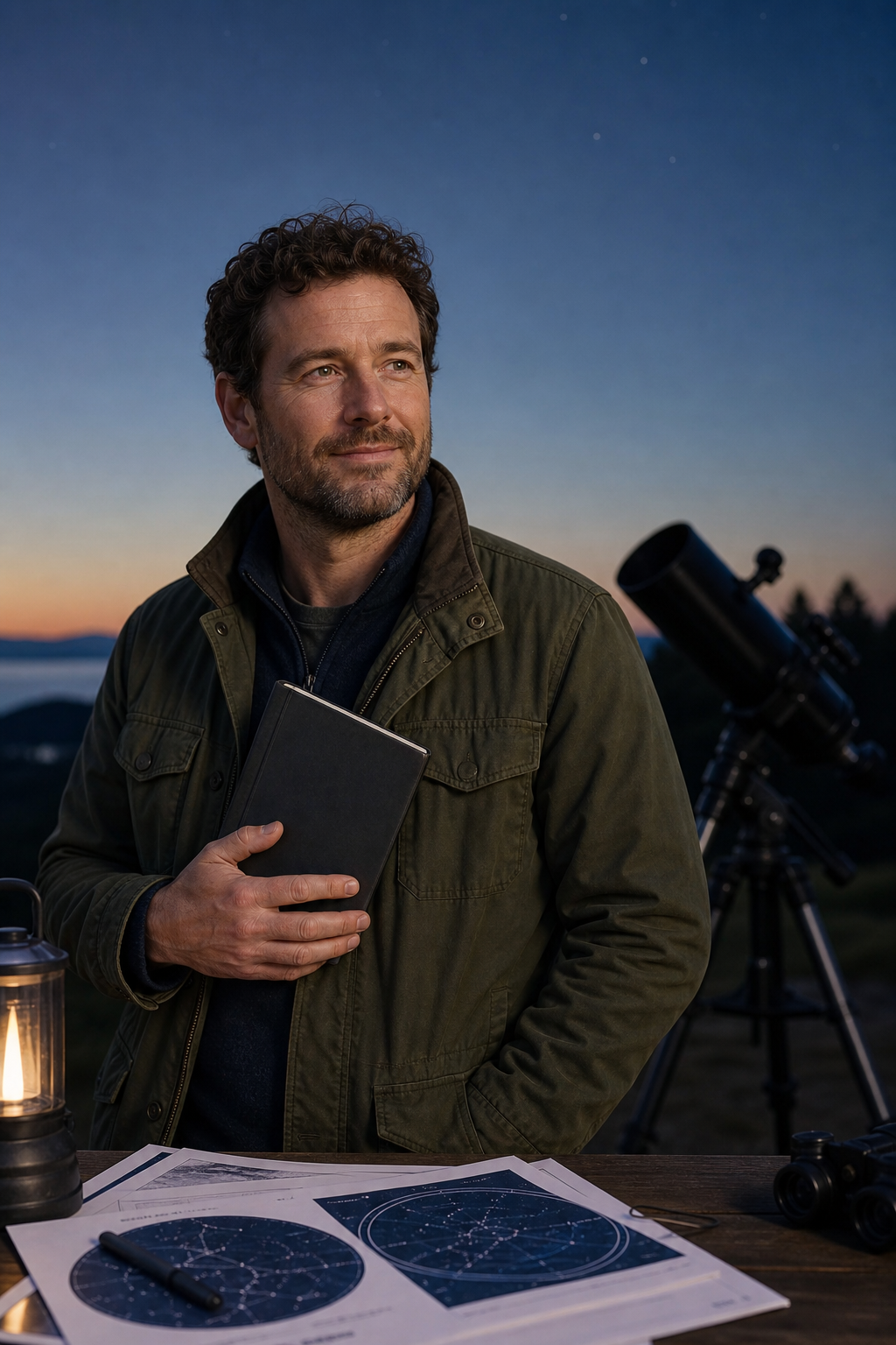 Marcus Hale, a meetup coordinator with short curly hair and a charcoal field notebook, standing near star charts on a community table