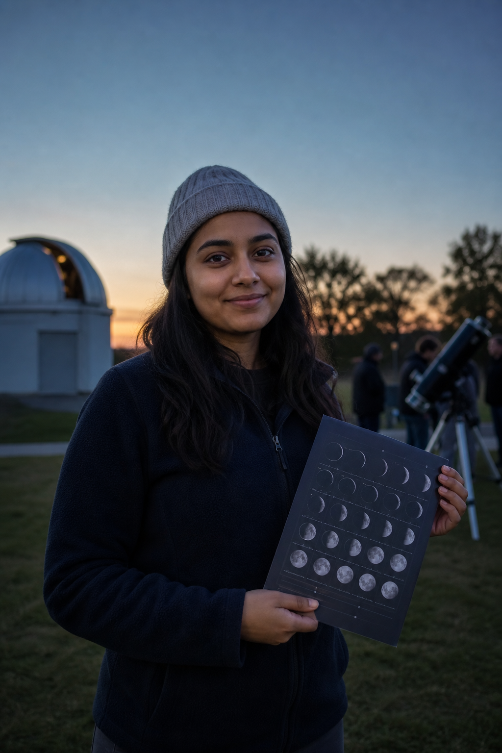 Priya Nand, a beginner guide wearing a light gray beanie and holding a printed moon phase guide under soft evening light
