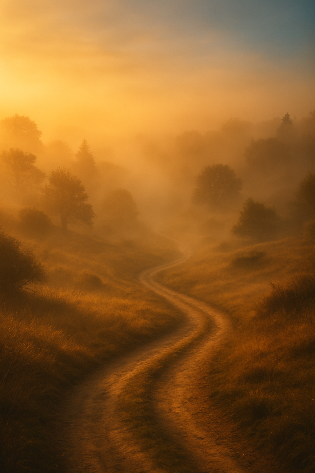 A poetic, cinematic landscape with a winding path leading through golden light, symbolizing a journey guided by the world itself.