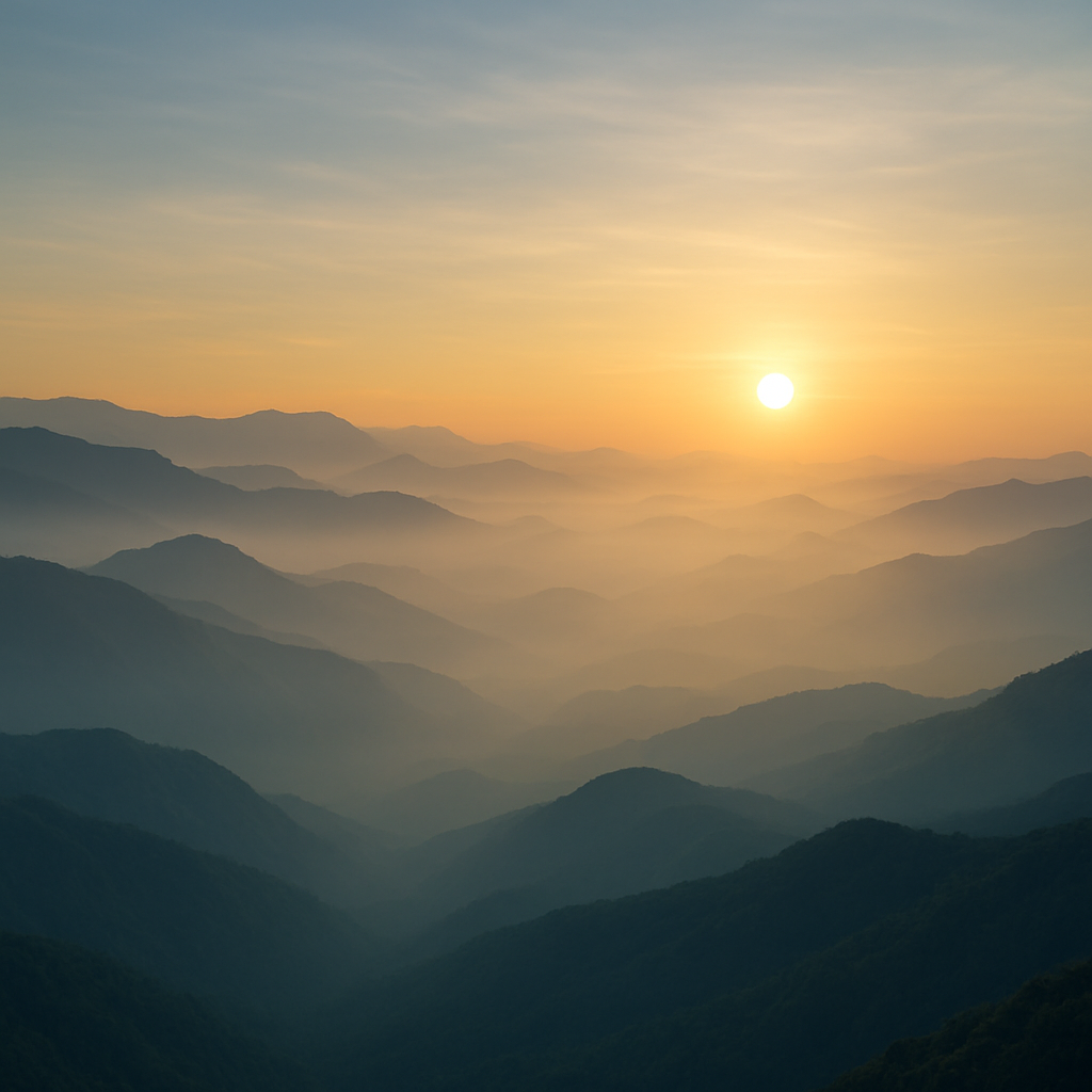 Sunrise over misty blue mountains