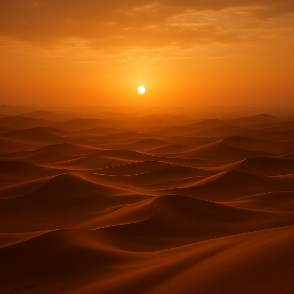 Golden sunset over rolling desert dunes